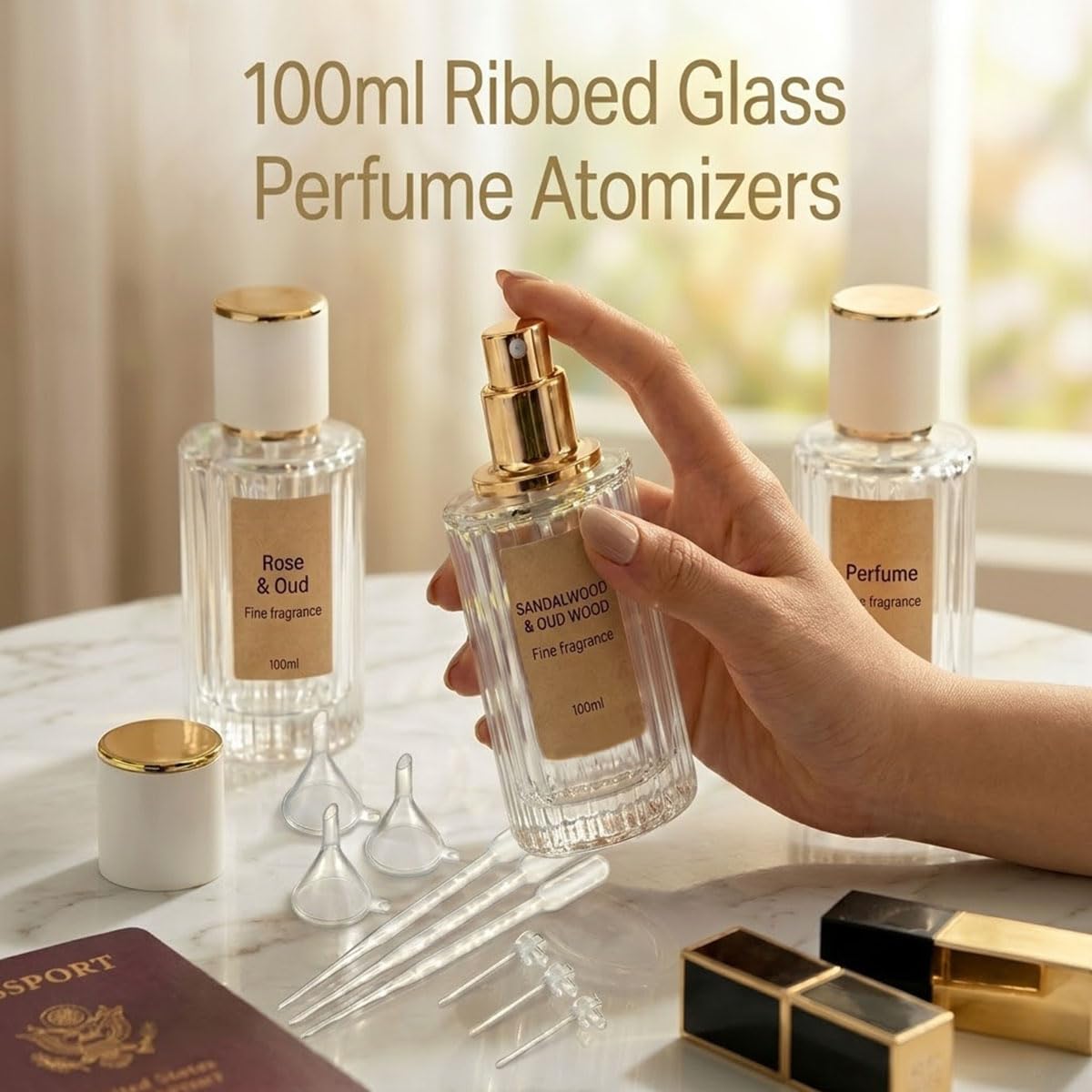 100ml Empty Perfume Spray Bottles, 3 Pack Ribbed Glass Atomizer Bottle Refillable Portable Glass Atomizers with Funnel and Dropper, Fine Mist Spray for Women Men Dispenser Fragrance Container Set