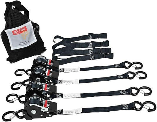 Mytee Products 4 Pack 1''x12' Retractable Ratchet Straps with Safety Lock S Hook, 1500 Breaking Strength, 4 Soft Loops & Storage Bag - Self Ratcheting Tie Down Strap for Boat, Jet Ski, ATVs, Bikes
