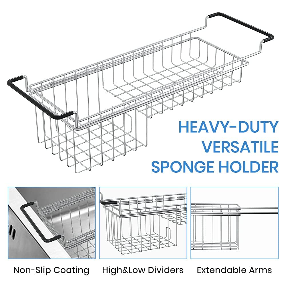 TreeLen Over The Kitchen Sink Caddy Sponge Holder Organizer Drying Rack Expandable for Sponge Brush Soap 13.8" to 20.8", Stainless Steel
