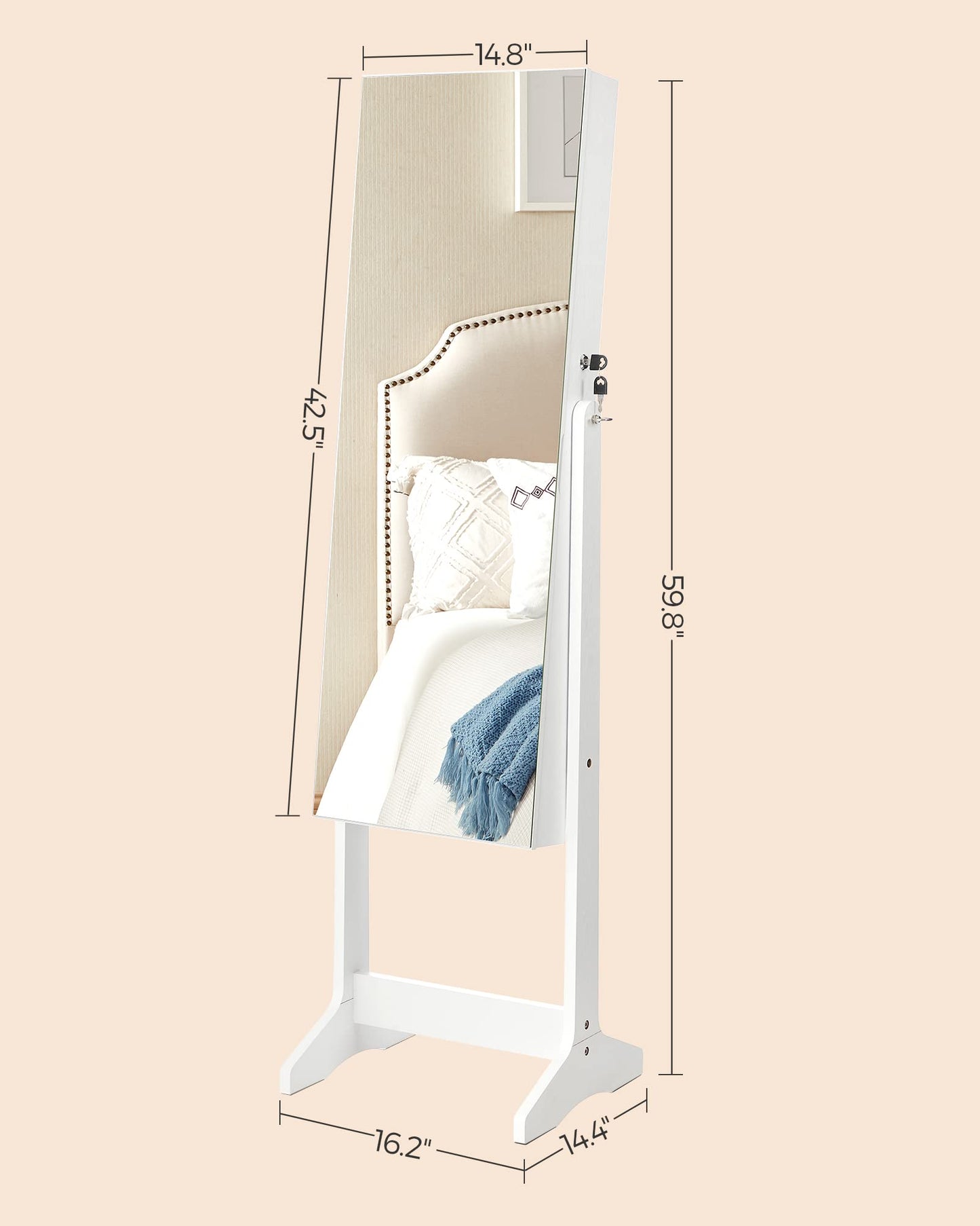 SONGMICS Jewelry Cabinet Armoire, Freestanding Lockable Storage Organizer Unit with 2 Plastic Cosmetic Storage, Full-Length Frameless Mirror, for Necklace Earring, White UJJC002W01