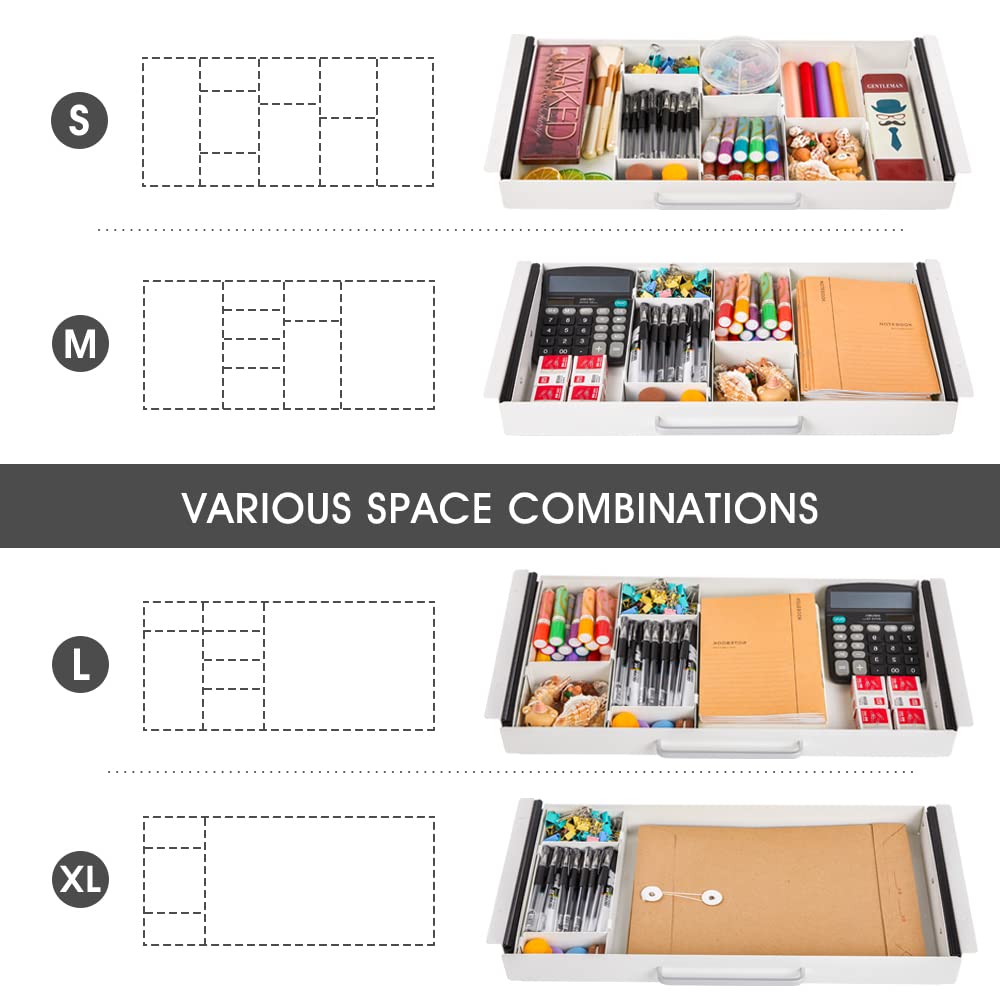 Large Size Under Desk Slide out Pencil Drawer White with Adjustable Space Divider Design for Storing Pencil and Office Accessories, Underdesk Pull out Tray Organizer Mounted for Sit Stand Workstation