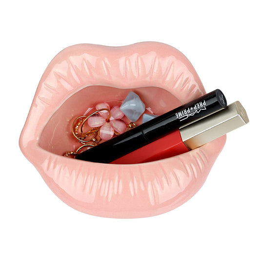 Trycooling Ceramic Red Lips Lipstick Ring Holder Jewelry Tray Rack Decorative Cosmetic Storage Display Holder Desktop Hairpin Storage Organizer Birthday Choice (Pink)