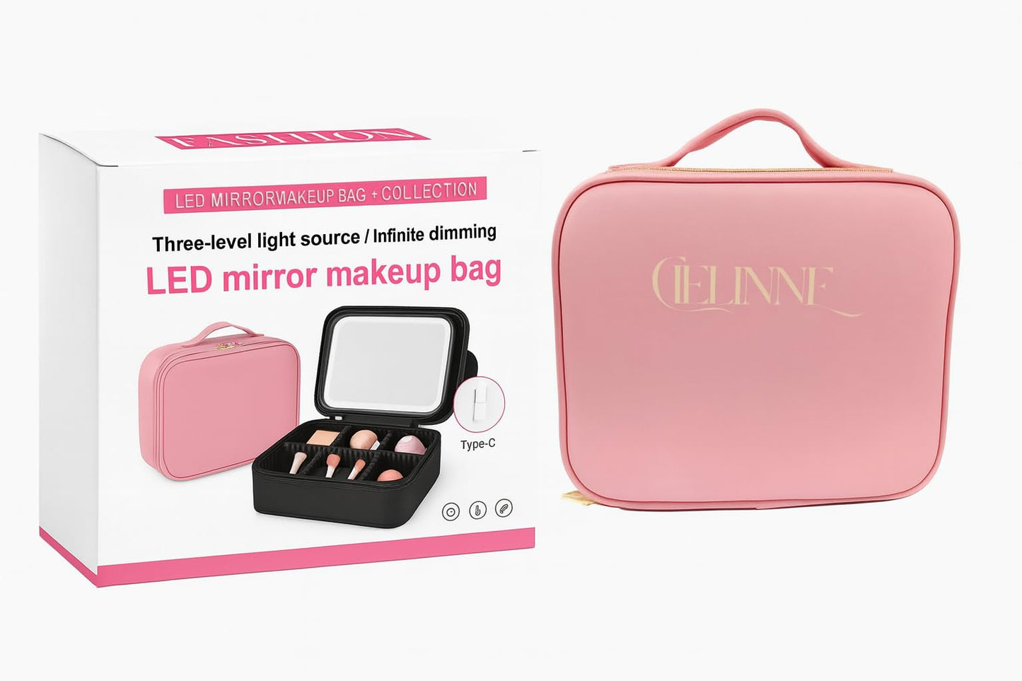 CIELINNE Travel Makeup Bag with LED Mirror, Portable Cosmetic Train Case, Adjustable Brightness in 3 colors Dividers & Brush Holder, Large Organizer Fall in love with your Reflection