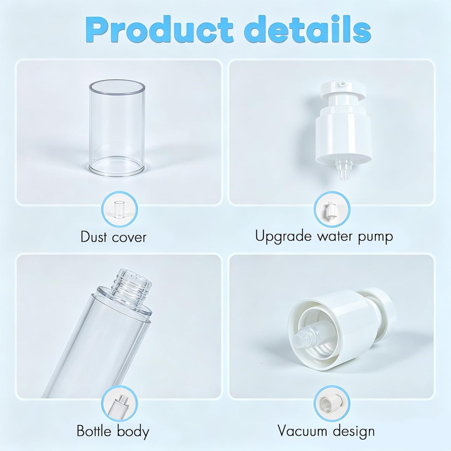 GIVITASOT 1.7OZ/50ML Airless Pump Bottles, 6 Pack Lotion Dispenser Travel Size Pump Bottles, Vacuum Cosmetic Travel Bottle for Lotion, Creams, Foundation, Cosmetic, with Labels, Wooeden Stick