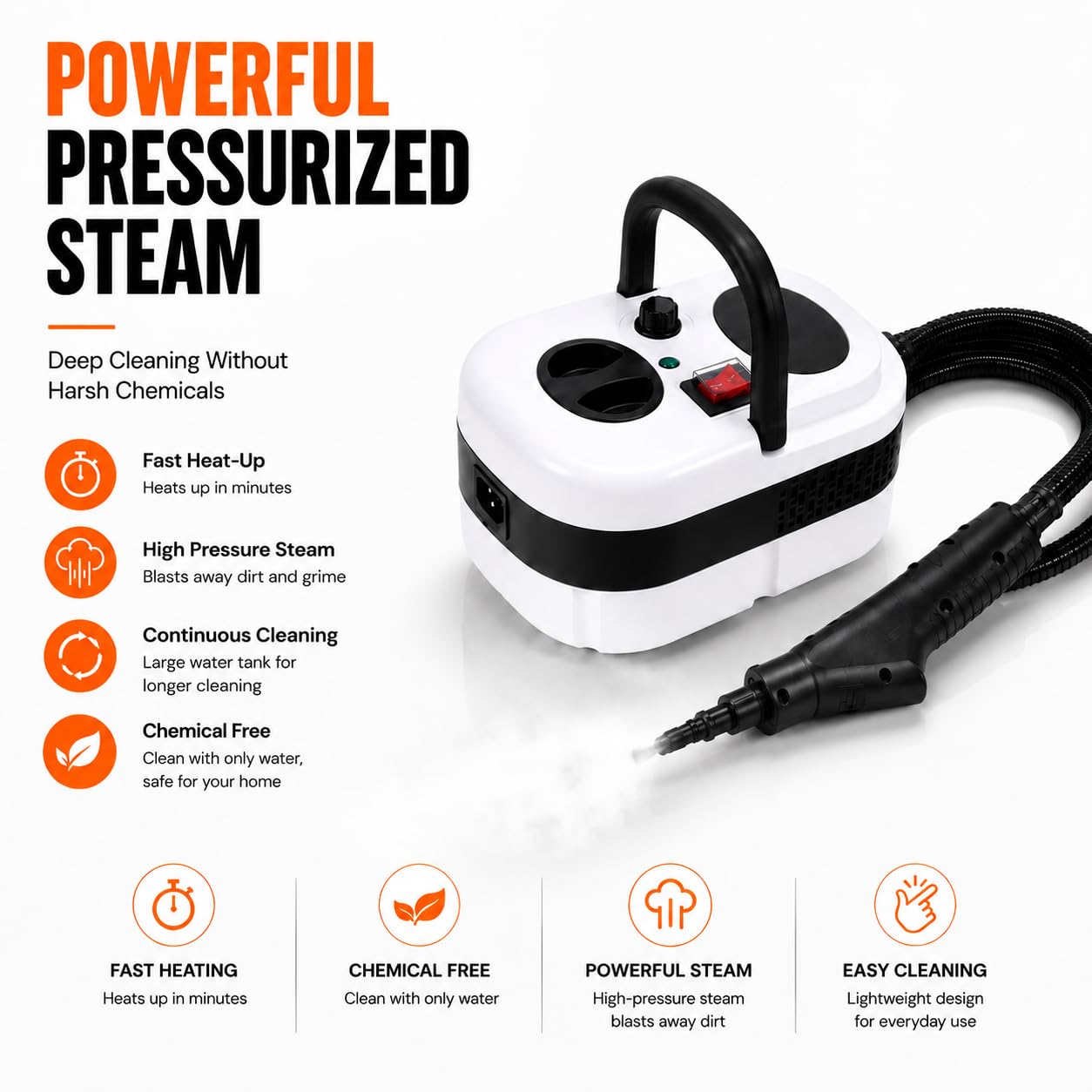 VERIBURRASCAN Pressurized Handheld Steam Cleaner, 221°F High-Temp Steamer for Deep Cleaning, Chemical-Free for Pets & Kids, 10-Piece Accessory Kit for Car, Couch, Grout, Tile & Floor