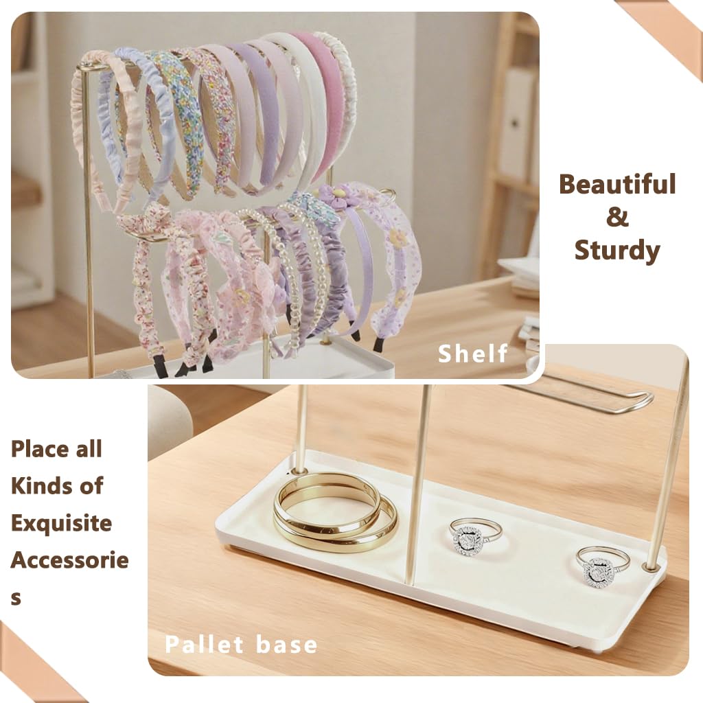 Essovee Headband Holder Organizer Metal 2-Tier with Tray, Necklace Storage Hairband Rack Hair Accessories Display Stand Stand Home Bedroom College Dorm Decor for Girls Women (Gold)