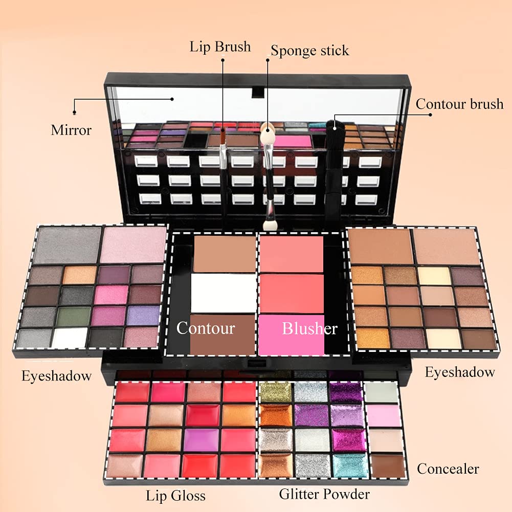 Makeup Kit for Women Full Kit including 36 Eyeshadow Make up,16 Lip Gloss,12 Glitter Cream, 4 Concealer, 3 Blusher,1 Bronzer, 2 Highlight and Contour - All in One Make-up Kit 74 Colors