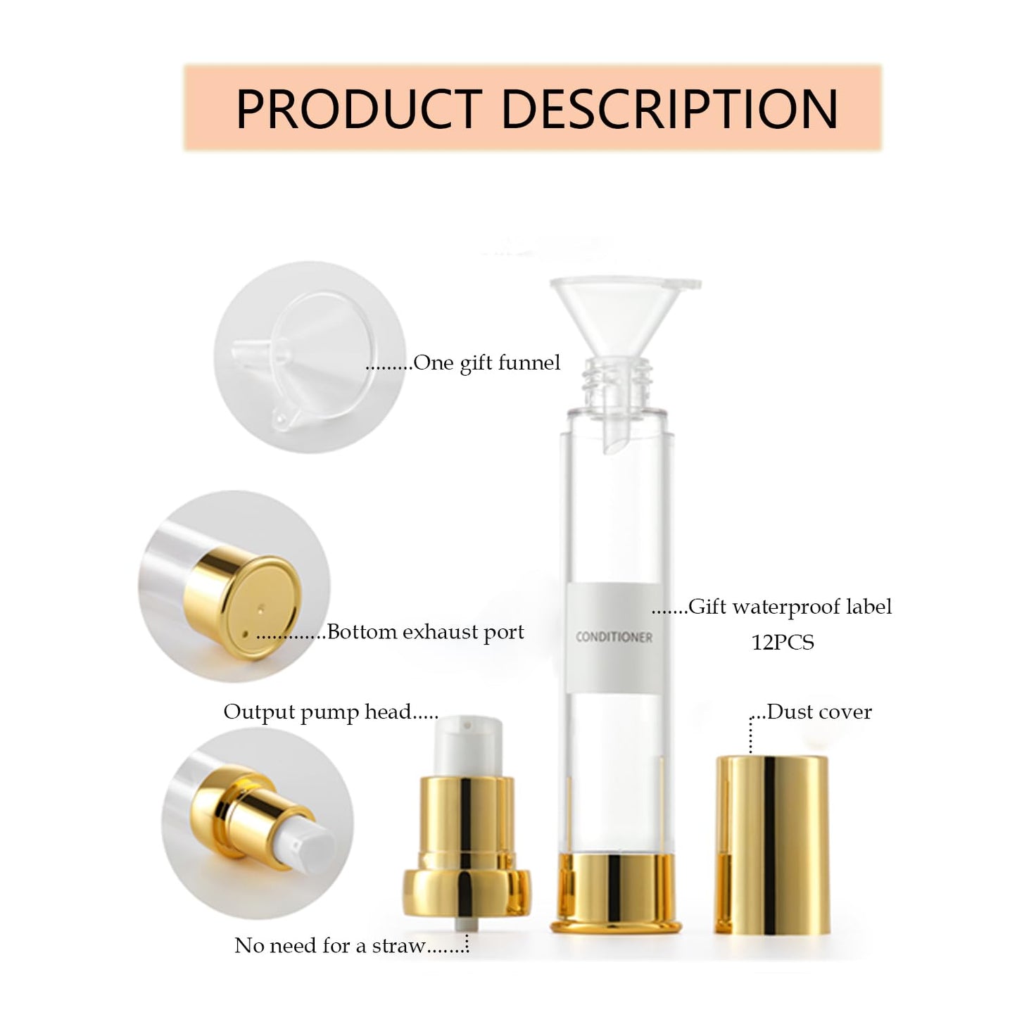 XQNCBY 30ml 1oz travel bottles 4 pcs,Golds clear travel bottles,Airless pump bottles,DIY travel bottle set cosmetic containers Included， Gift Box，With labels,refillable cosmetic containers