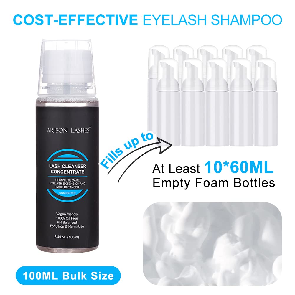 ARISON LASHES Lash Shampoo Concentrate Eyelash Cleanser Concentrate 100ml Foaming for Extensions with Salon Home Care Makes 20 Bottles of 60ml(Unscented)