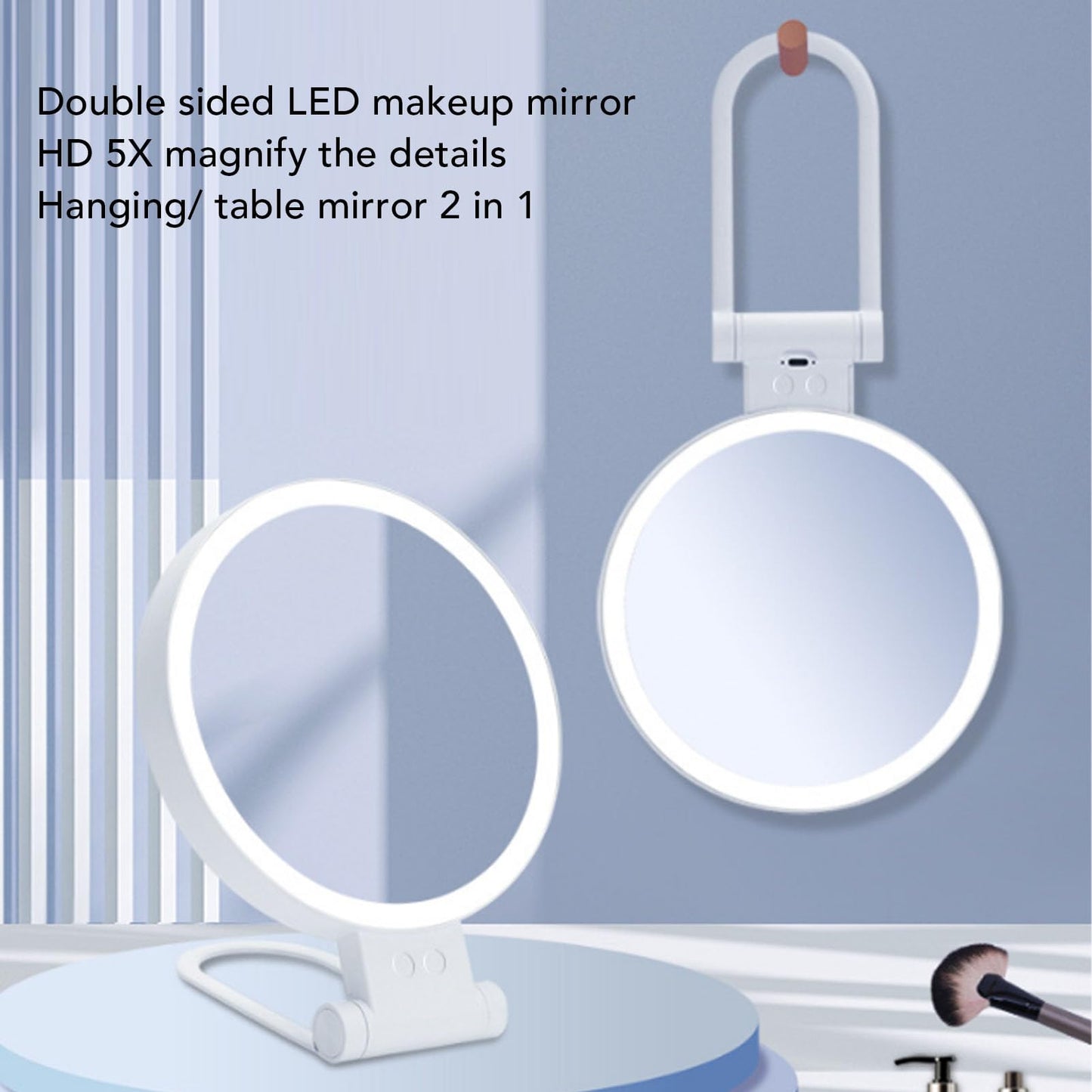 Fockety Lighted Makeup Mirror, 1X 5X Double Sided Magnifying Mirror LED Vanity Mirror with Folding Handle, Touch Control, Stepless Dimmable Tabletop Rechargeable Travel Makeup Mirror