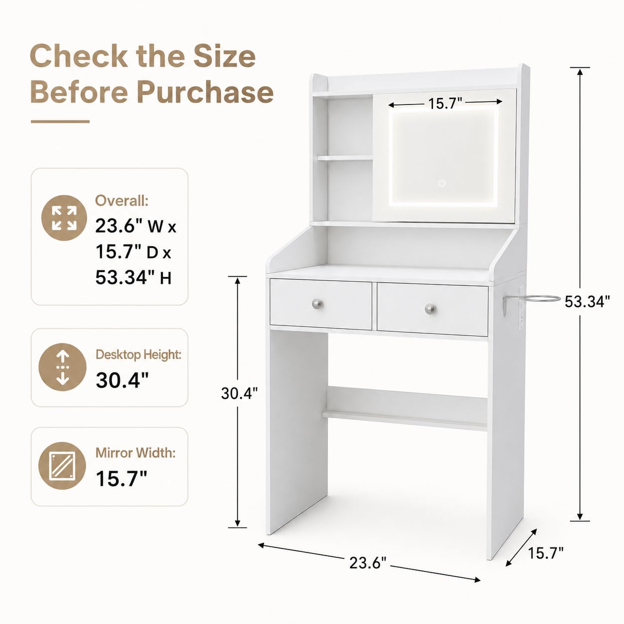 Viaozutis Small Makeup Vanity Desk with Sliding Mirror & Dimmable LED Lights, White Vanity Table with 2 Drawers, Hidden Storage, Power Outlets, USB Ports & Hair Dryer Holder for Bedroom(White)