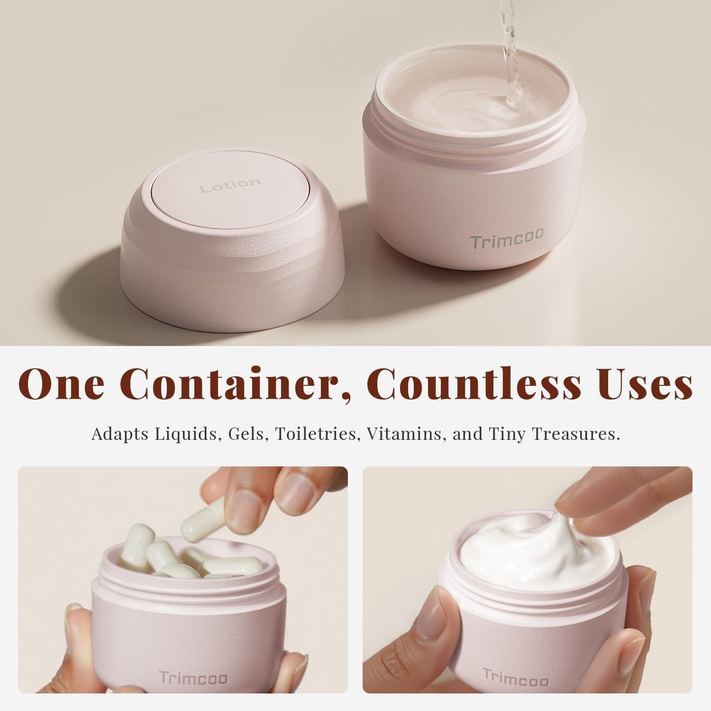 Trimcoo New Travel Toiletry Containers [Ultra Leakproof] TSA-Approved, PLA Hard Shell Jars with 5 Magnetic Labels, Wide Mouth Bottles for Lotion, Cleanser, Shampoo, Conditioner, Pink, 3 Pack, 1OZ