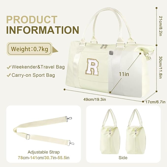 Dance Gym Duffel Bag for Teen Girls, Personalized Initial Travel Weekender Bag,Cute Overnight Carry On Duffle for Women,Sports Travel Cheer Bag,Monogram Christmas Gifts for Tween Preppy(beige-R)