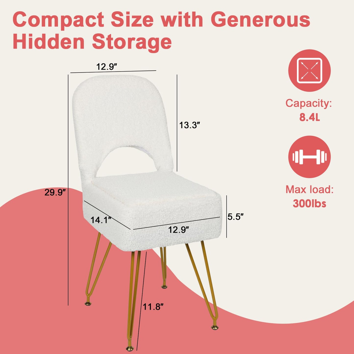 mapleway Small Vanity Stool Chair with Storage and Adjustable Folding Back 12.6" x 13.8" x 29.9" Alpaca Fur Soft Ottoman 4 Metal Legs with Anti-Slip Feet Furry Padded Seat for Makeup, Bedroom, White
