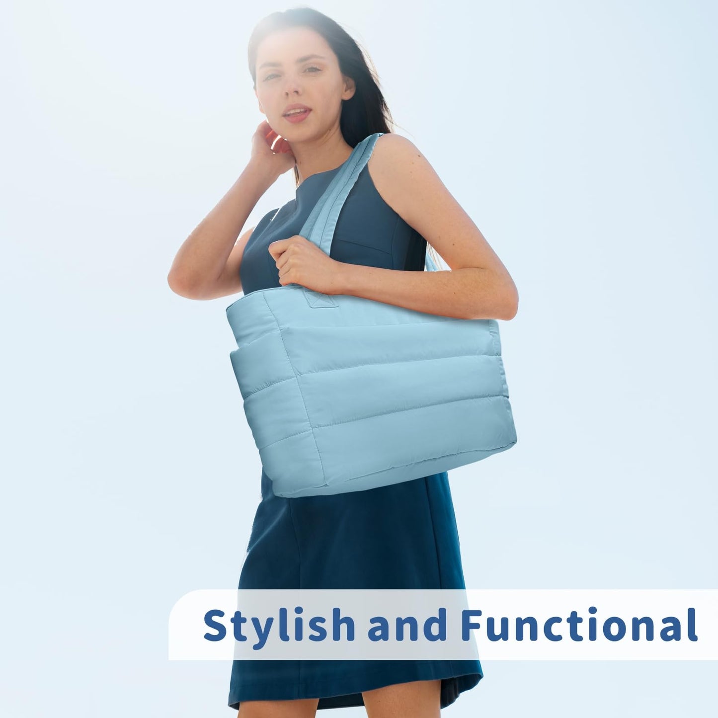 TOPDesign Puffer Tote Bag for Women, Lightweight Puffy Handbag with Compartments & Cosmetic Bag, Quilted Shoulder Bags for Work, Travel, Gym, Gifting (M Blue Grey)