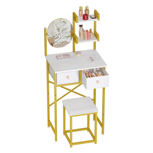 X-cosrack 19.7"W Golden Small Vanity Desk Set with Adjustable Oval Mirror & Stool for Small Space, Mini Cute Cheap Makeup Vanity Table with Opening Shelves, Drawers for Teens Kids Girls Corner Bedroom