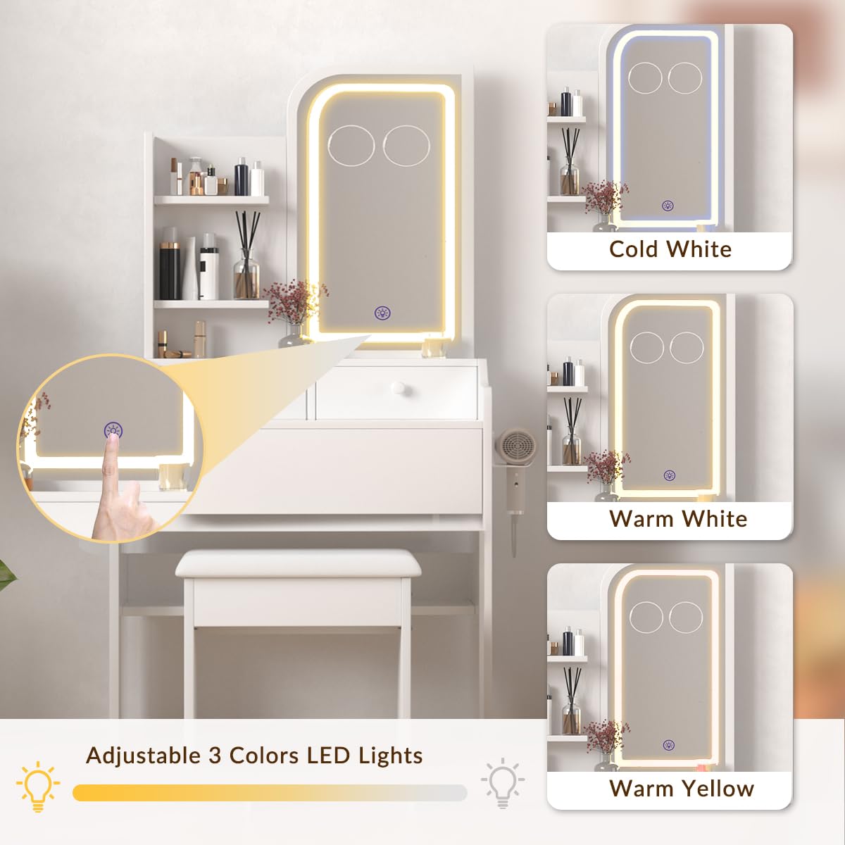 HOMEMORE Small Vanity Desk with Mirror and Lights, Makeup Vanity Desk with 3 Drawers & 3 Shelves, 2X & 5X Magnifying and Power Outlet, Dressing Table for Bedroom,White
