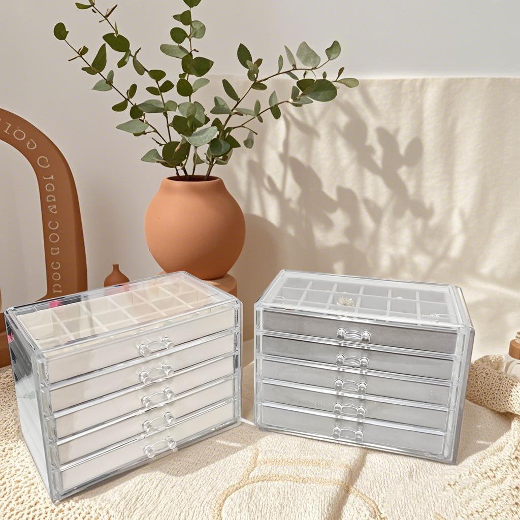 HOUKANWE Acrylic Earring Holder Organizer with 5 Drawers Clear Earring Organizer Box with 90 Adjustable Grids Velvet Earring Display Case Jewelry Organizer for Earrings Rings Studs (Beige)