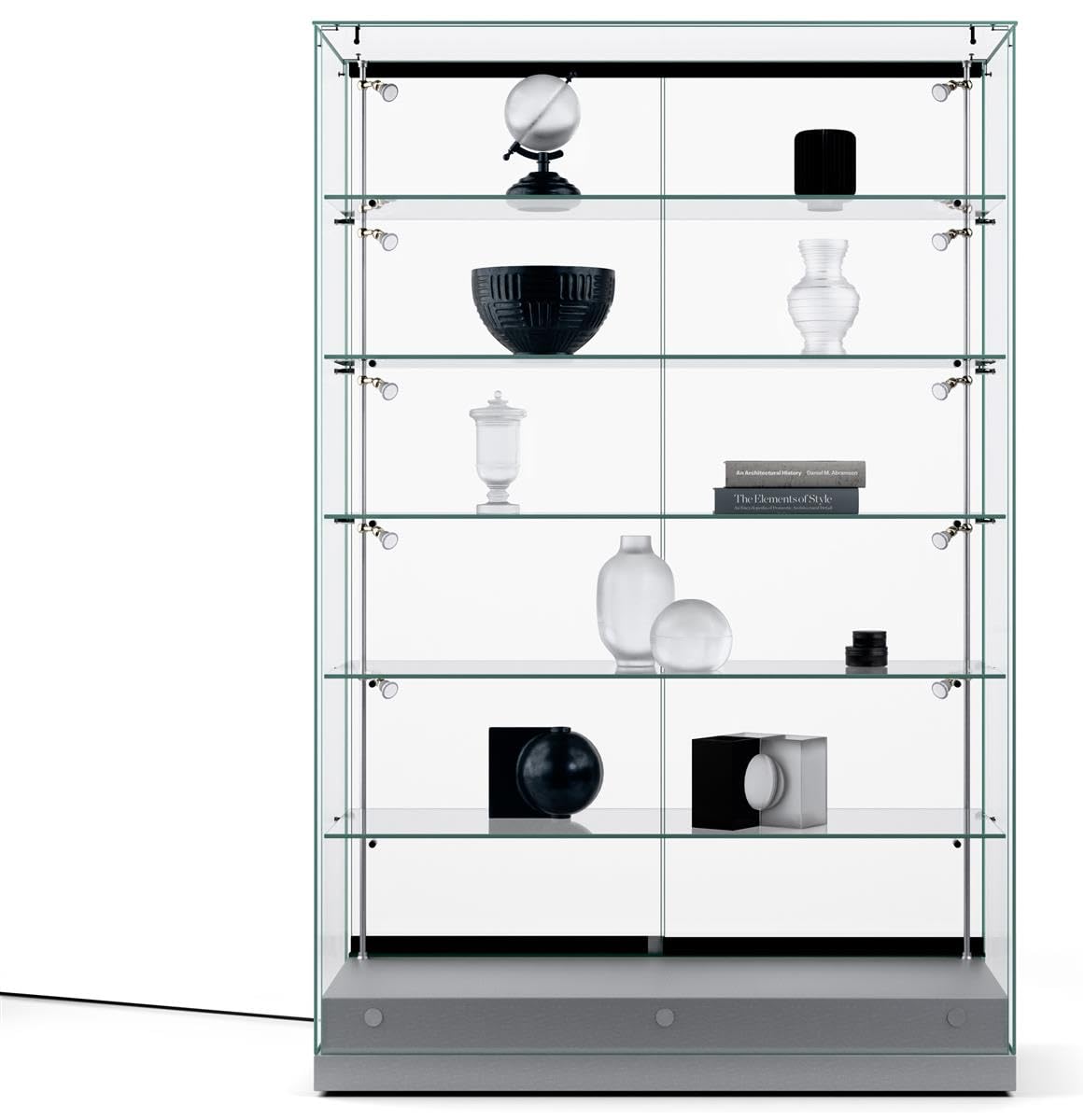 Displays2go Tempered Glass Display Cases with Lighting, Full Vision, Locking, Painted MDF Base – Silver