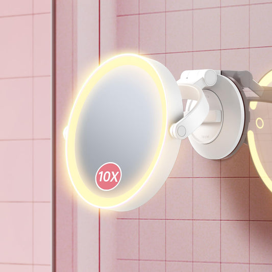 Benbilry Suction Cup Magnifying Mirror with Light 10X, Wall Mounted Makeup Mirror with Suction Cup for Bathroom, 3 Color Lights and Adjustable Brightness, 2 in 1 Tabletop for Desk - White