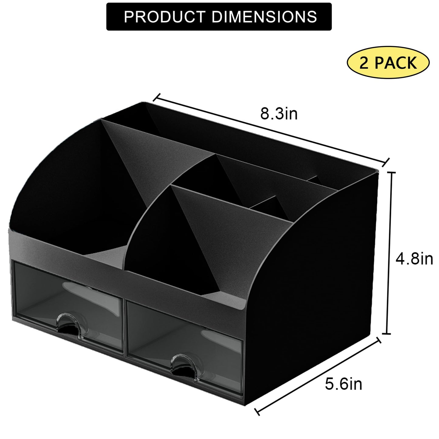 COMFYROOM Desk Organizer with 6 Compartments and 2 Drawers, Plastic Makeup Organizer, Pen Holder for Desktop Storage, Desk Organization for School, Home, Office Supplies Black-2Pack