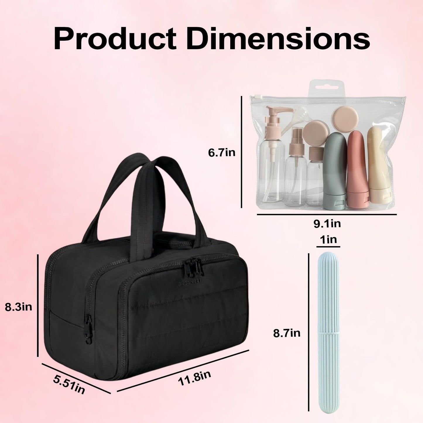Travel Toiletry Bag, Large Wide-open Travel Bag for Women with 1 Toiletries Travel Bottles, 3 Portable Toothbrush Cases, Makeup Bag Organizer with Handle for Accessories,Essentials, Toiletries, Black