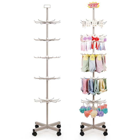Exttlliy Retail Display Stand Store Display Rack 5 Tier Metal Spinning Display Stand Rack with Wheels Keychain Jewelry Stocking Hat Display Stand with Hooks for Malls, Showroom, Retail Store (Grey)