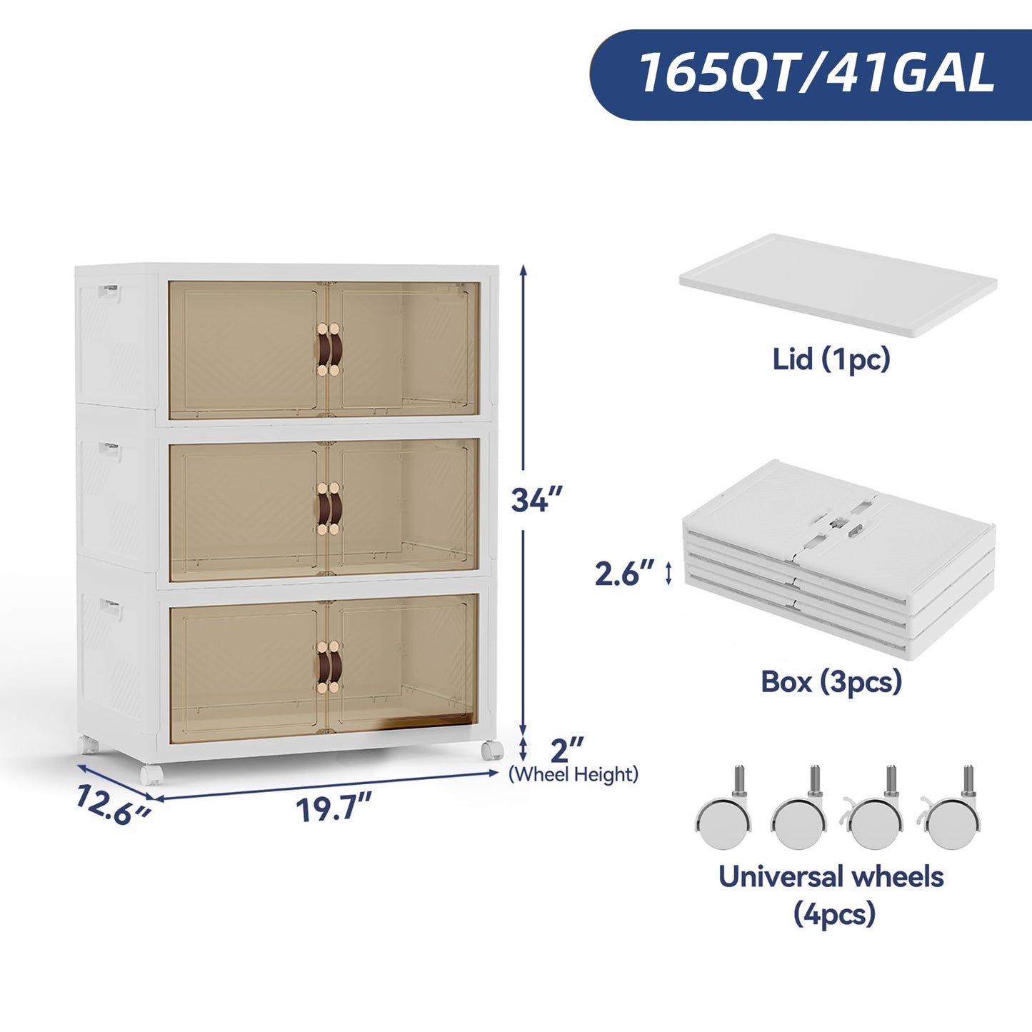 SAILUN 146QT/36Gal Stackable Storage Bins with a Lid, Collapsible Storage Bins With Doors, Folding Cabinet for Home Closet Organization,3 Pack-19.7" W x 12.6" D x 34" H White