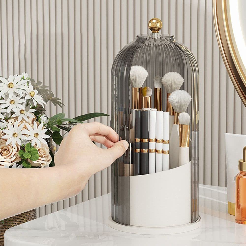 LZYLL Makeup Brush Holder Organizer with Lid-360° Rotating Luxury Cosmetic Organizer Makeup Organizer Lipstick Eyebrow Pencil Holder for Vanity Desktop Bathroom Countertop