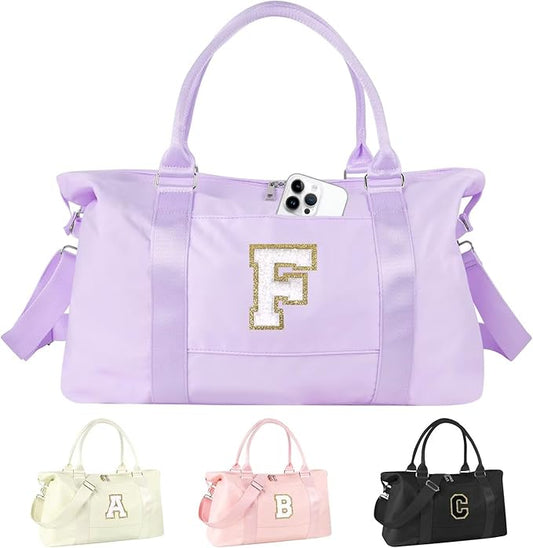 Dance Gym Duffel Bag for Teen Girls, Personalized Initial Travel Weekender Bag,Cute Overnight Carry On Duffle for Women,Sports Travel Cheer Bag,Monogram Christmas Gifts for Tween Preppy(purple-F)