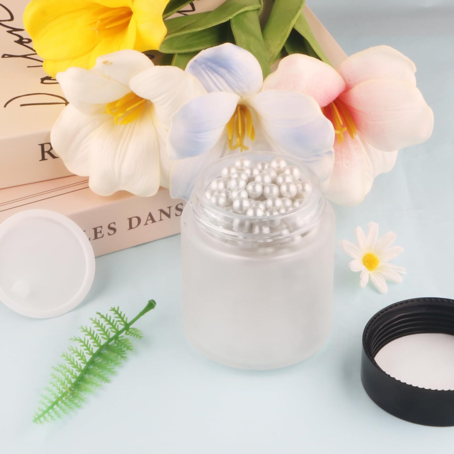 6 Pcs 200ml/6.7oz Frosted Glass Jars Empty Cosmetic Pot Refillable Cream Container Bottle with Black Lids for Lotion Face Cream DIY Makeup Toiletries - White