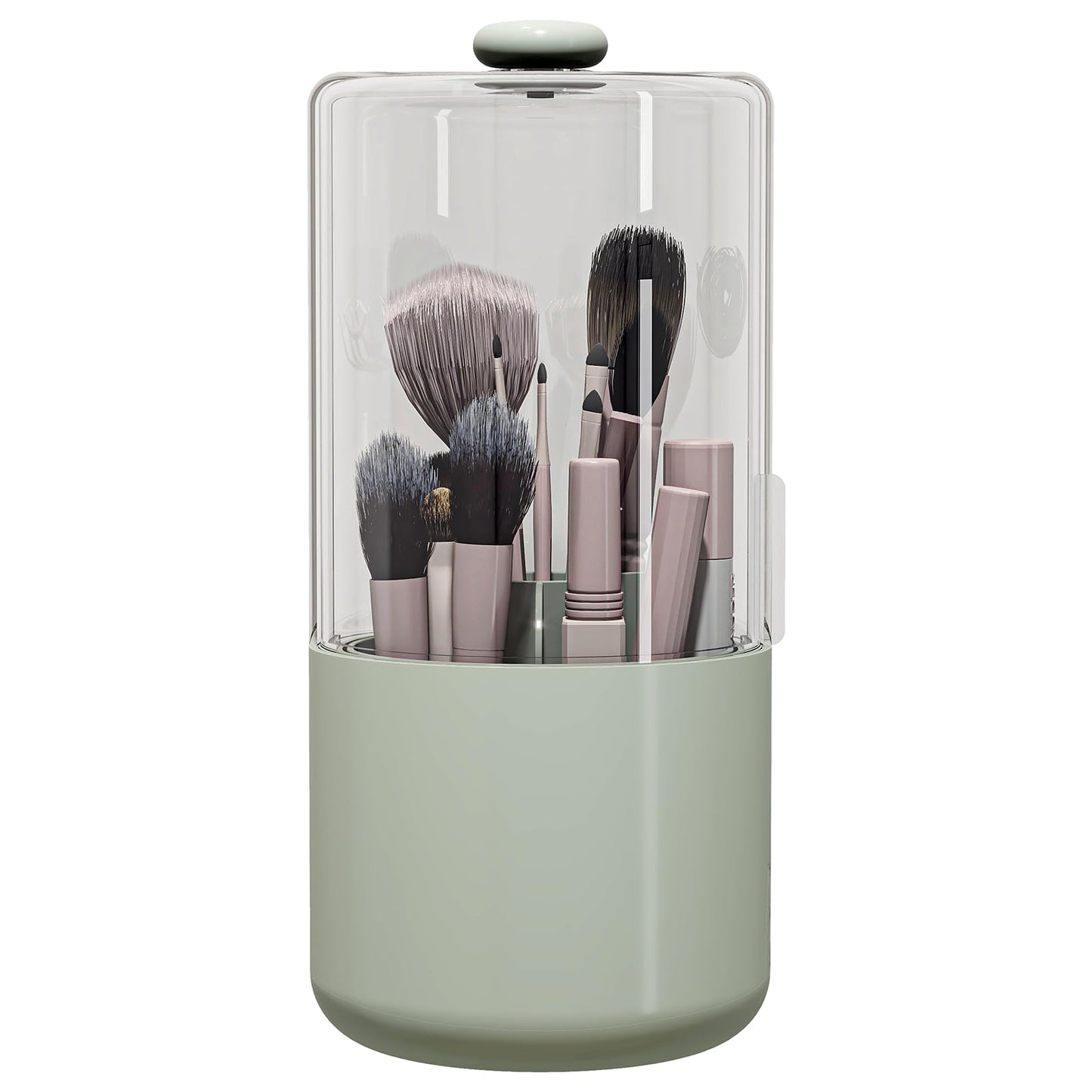 Zufudo Makeup Brush Holder with Dustproof Cover, Clear 360 Rotating Make Up Brushes Organizer for Counter Vanity Bathroom, Sage Green