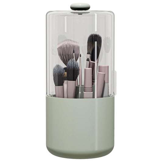 Zufudo Makeup Brush Holder with Dustproof Cover, Clear 360 Rotating Make Up Brushes Organizer for Counter Vanity Bathroom, Sage Green