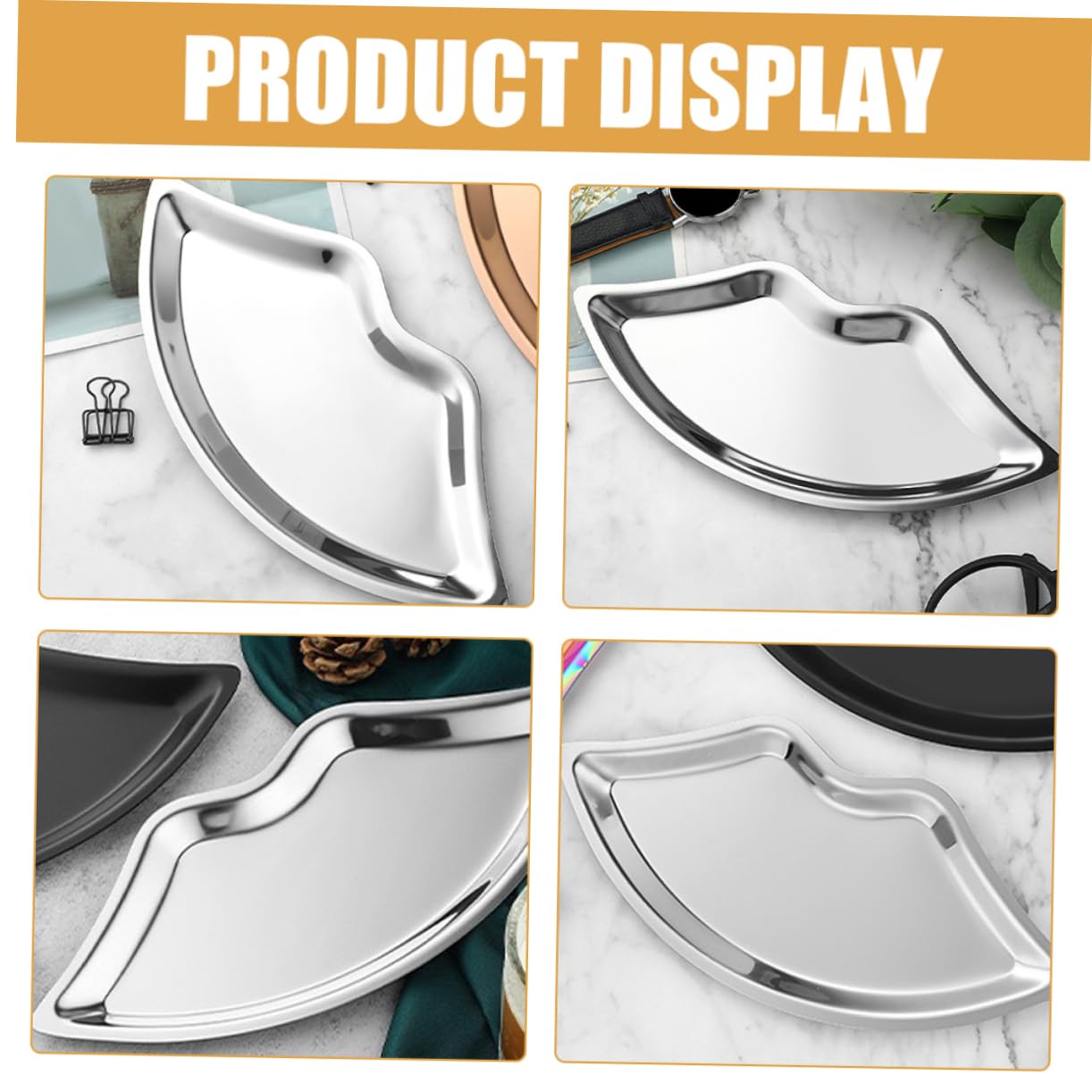 SOESFOUFU Stainless Steel Lip Shaped Jewelry Tray Elegant Metal Display Plate for Accessories Cosmetics and Jewelry Storage Silver