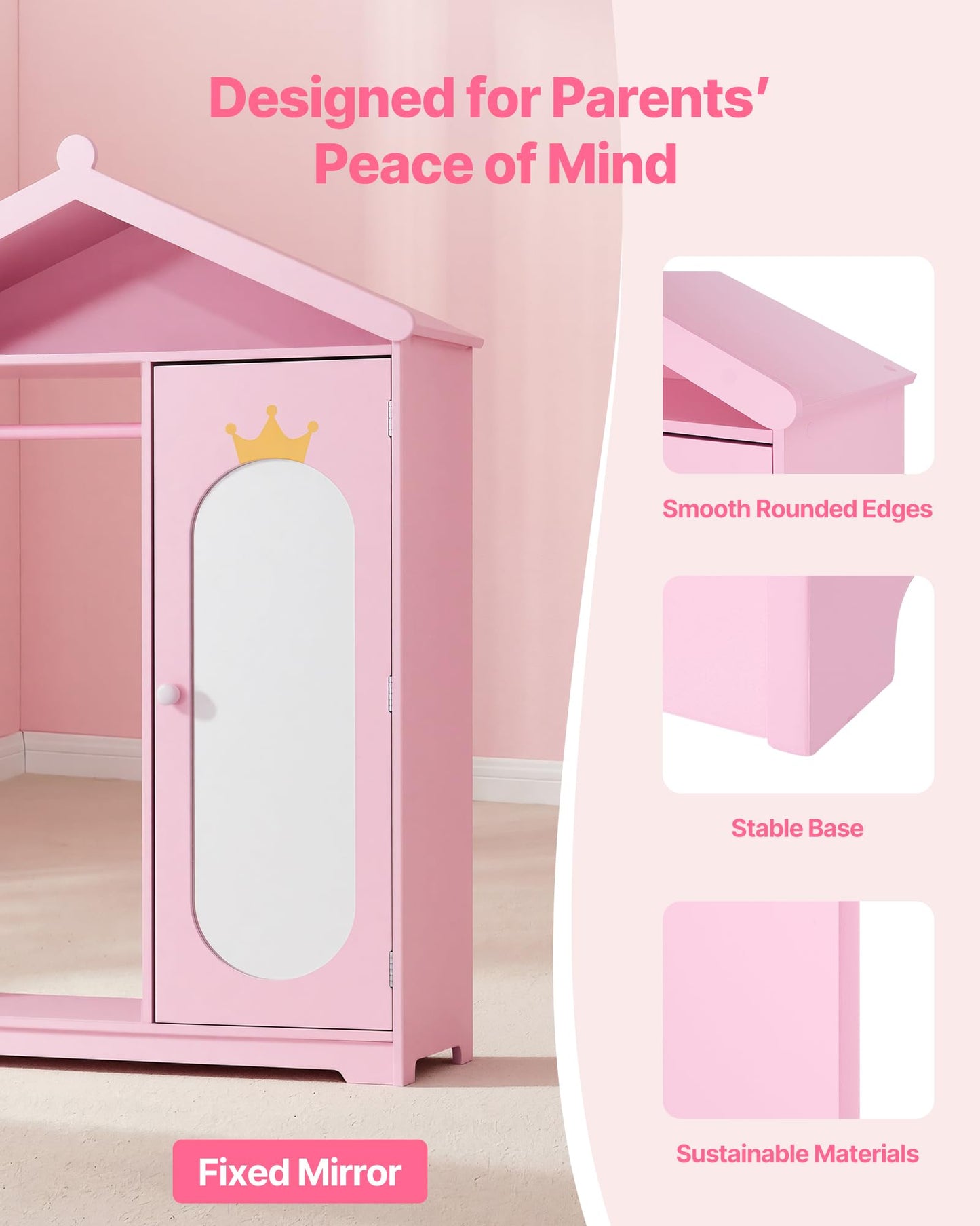 VEVOR Kids Dress Up Storage, with Mirror, Dress Up Closet, Kids Armoire Wardrobe Closet for Little Girls, Toddler Costume Organizer, Pretend Princess Storage Dresser, for Bedroom, Girls Room, Pink