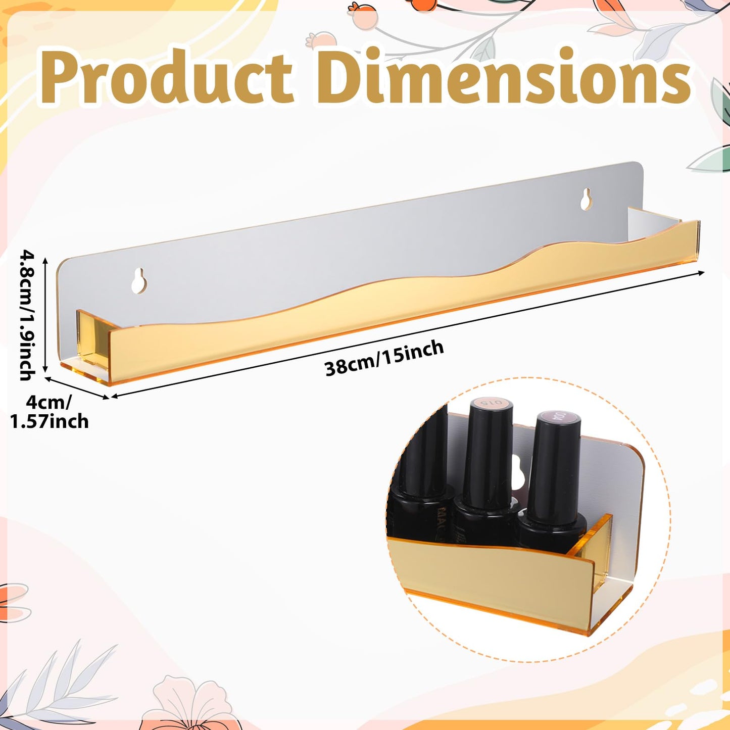 KongTiva 6 Pack Wall Mounted Nail Polish Organizer Rack, 15 Inch Gold Mirror Nail Polish Shelf with Stopper Multi-Purpose Shelf for Essential Oils Cosmetics Storage Display Rack for Salon Bathroom