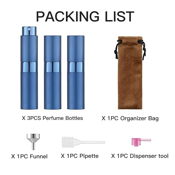 Lisapack 8ML Atomizer Perfume Spray Bottle for Travel (3 PCS) Empty Cologne Dispenser, Portable Sprayer (Gold, Silver, Blue)
