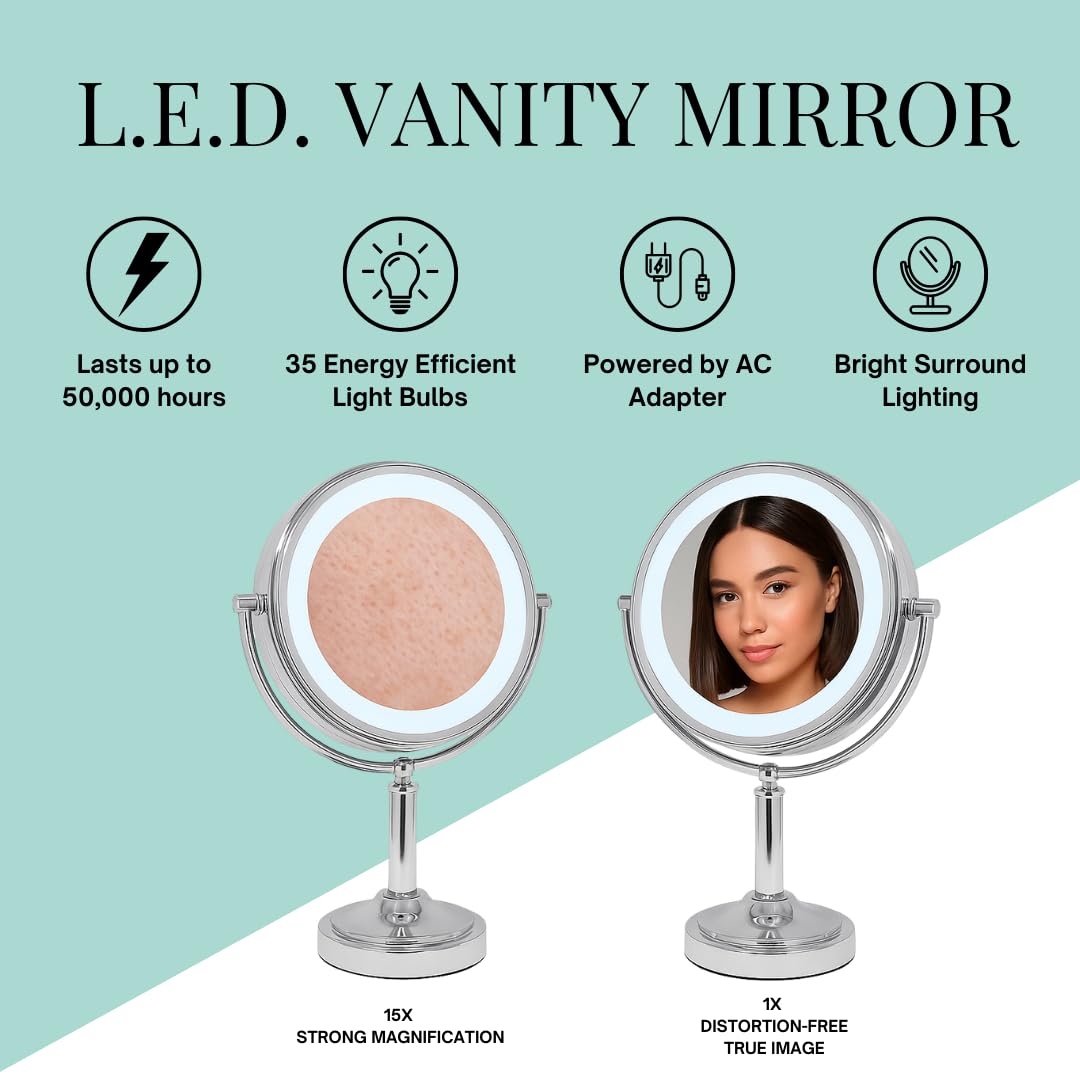 Danielle Creations Professional-Grade Double-Sided L.E.D. Vanity Mirror with Strong 15X Magnification, 360-Degree Rotation, Ultra-Vue Distortion-Free True Image Reflection, Silver Chrome Finish