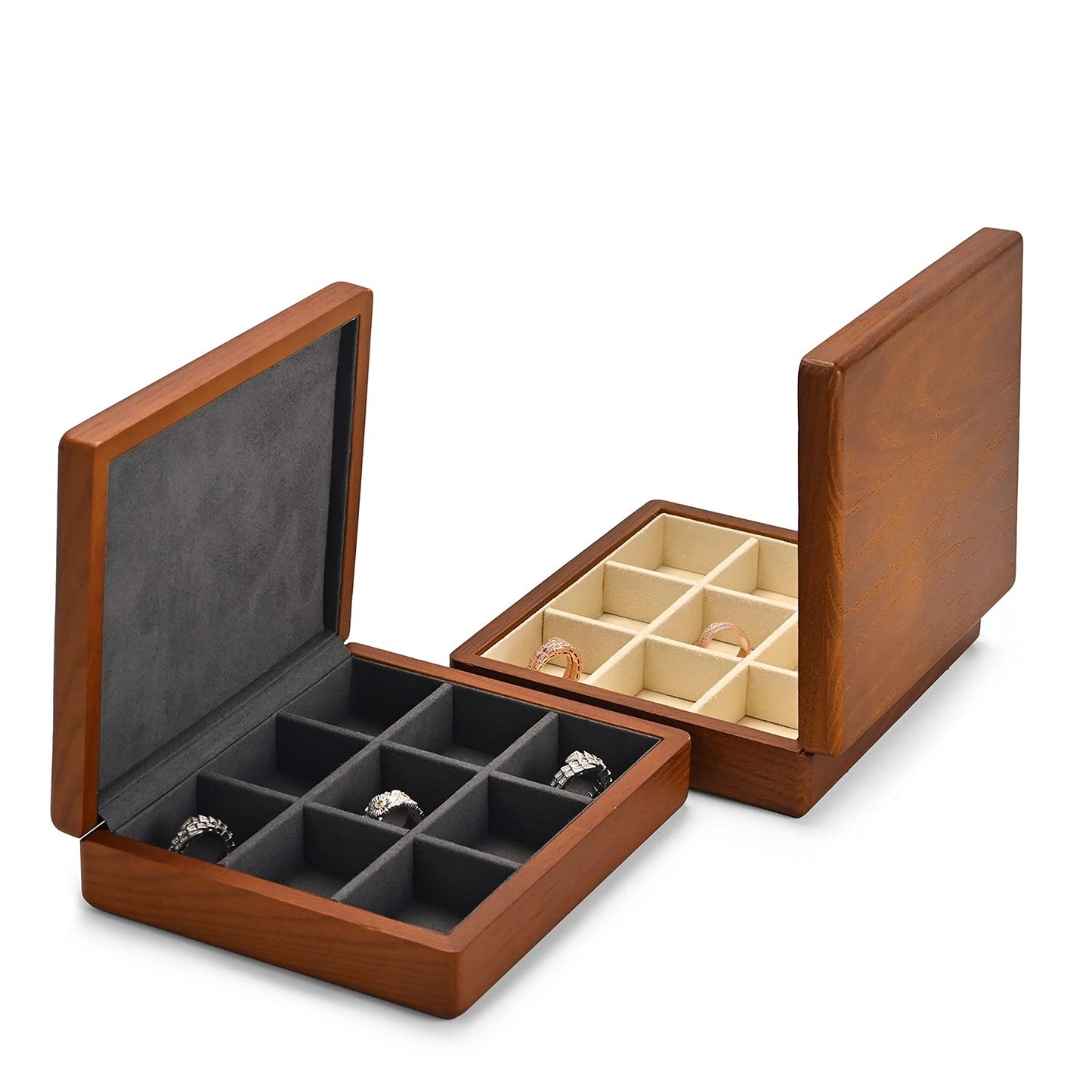 Oirlv Solid Wood Ring Jewelry Box Organizer Earrings Jewelry Drawer Organizer Tray with Lid (Grey 9 Grid Box)
