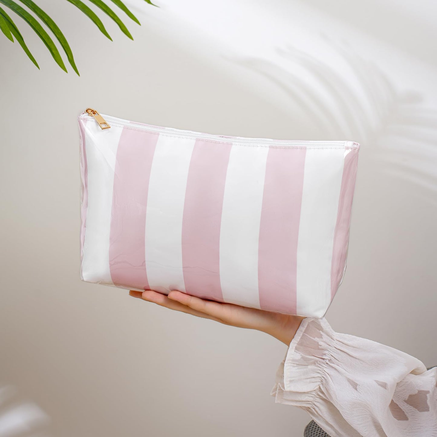RSRSLEII Large Waterproof Travel Stripe Makeup Bag,Aesthetic PVC Toiletry Bag,Coquette Cosmetic Bag Organizer,Cute Preppy Carry-on Travel Accessories Essentials for Women Girls(Dark Blue)