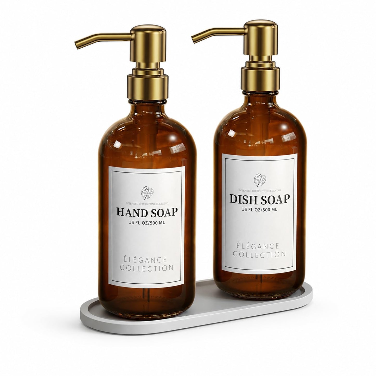 Fachixy Amber Glass Soap Dispenser (2 Pack), 16 Fl Oz Hand & Dish Soap Dispenser Bottles Set with Rust-Resistant Stainless Steel Pump, Non-Slip Pad, 14 Waterproof Labels for Kitchen and Bathroom