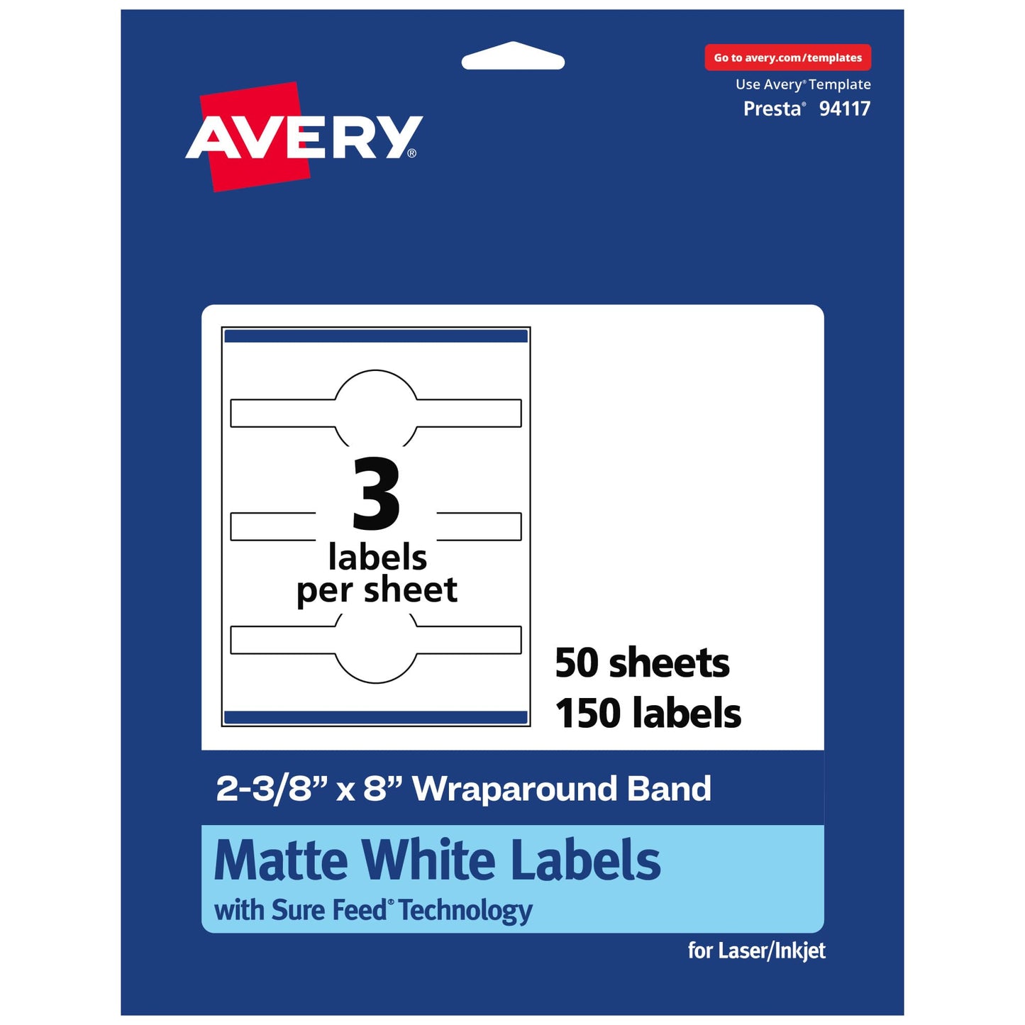 Avery Matte White Wraparound Band Labels, Sure Feed Technology, 2-3/8" x 8", Cigar Band Labels, Permanent Adhesive, Laser/Inkjet Printable, 150 Total