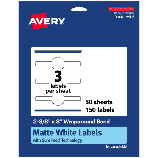Avery Matte White Wraparound Band Labels, Sure Feed Technology, 2-3/8" x 8", Cigar Band Labels, Permanent Adhesive, Laser/Inkjet Printable, 150 Total