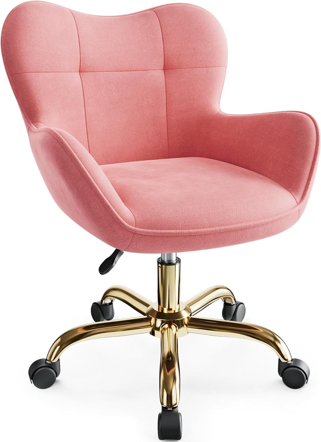 BestEra Vanity Chair with Wheels, Cute Home Office Desk Chairs Adjustable Height for Living Bedroom, Small Modern Fluffy Velvet Makeup Chair with Back for Girls (Pink)