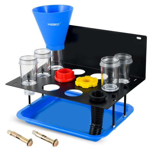 PESIKO Engine Oil Funnel Kit, No Spill Oil Change Funnel Kity with A Fixed Metal Storage Shelf Compatible with Toyota, GM, Honda, Subaru, Ford, Jeep and European, Etc
