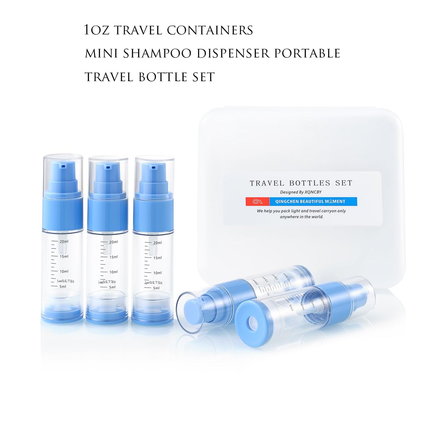 XQNCBY 0.7oz/20ml Travel Airless Pump Bottles, 5 Pack Refillable Vacuum Cosmetic Containers with Clear Organizer Case & Labels, Small Lotion Dispenser Bottles for Skincare, Toiletries & Cosmetics