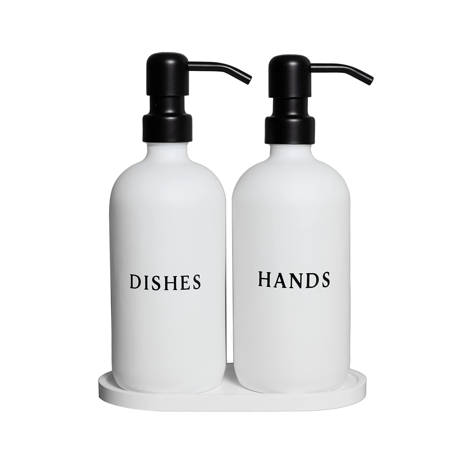 Glass Hand and Dish Soap Dispenser Set with Bamboo Tray – Kitchen Soap Dispenser Set, Black Pumps, 16 oz, Silicone Funnel – Modern Farmhouse Kitchen Sink Decor & Accessories
