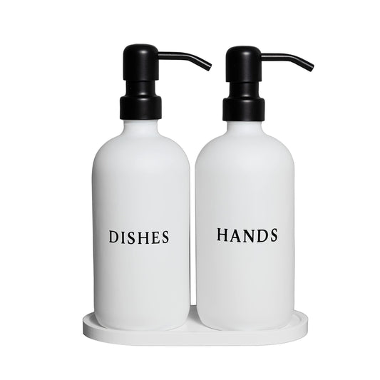 Glass Hand and Dish Soap Dispenser Set with Bamboo Tray – Kitchen Soap Dispenser Set, Black Pumps, 16 oz, Silicone Funnel – Modern Farmhouse Kitchen Sink Decor & Accessories