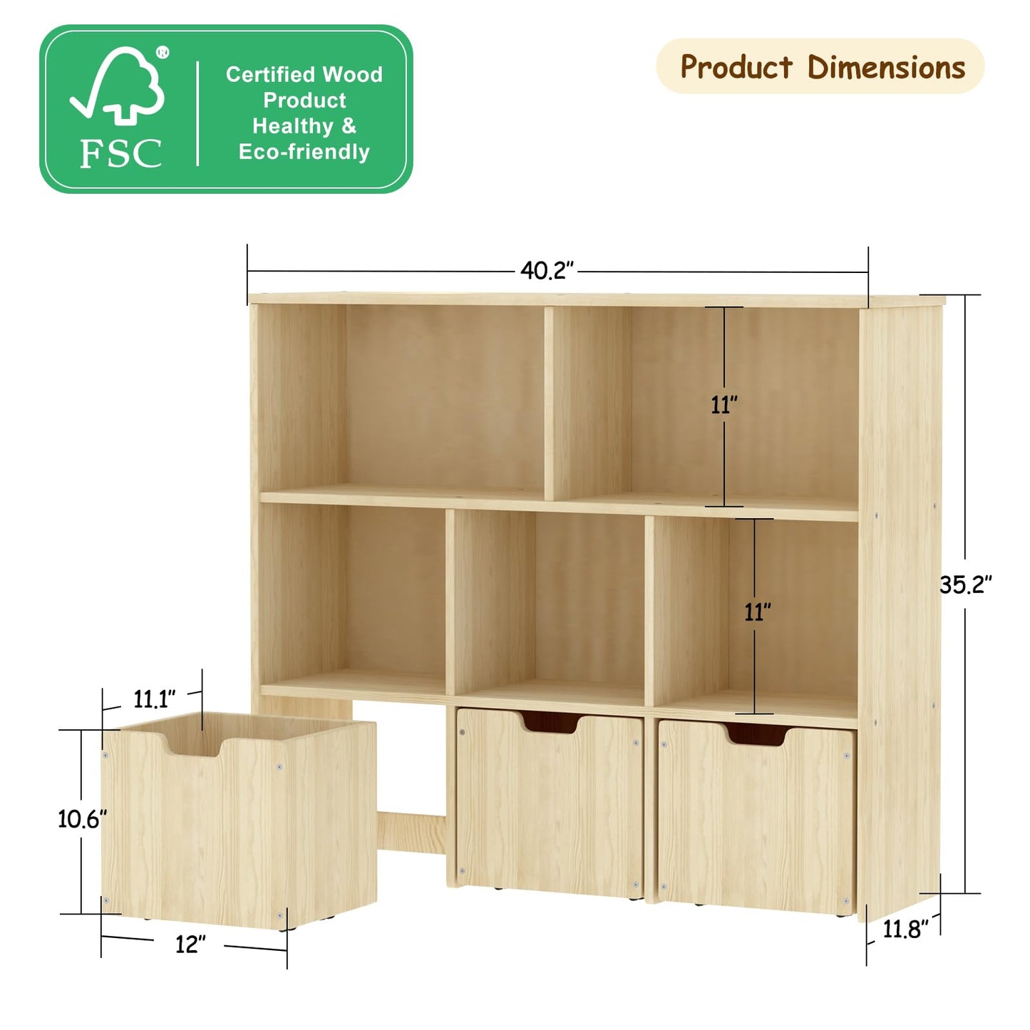 EXPERLAM Solid Pine Wood Toy Storage Organizer, Kids Bookshelf and Toy Organizer with 3 Rolling Drawers, 5 Storage Cubes, Montessori Playroom Storage Cabinet, Burlywood