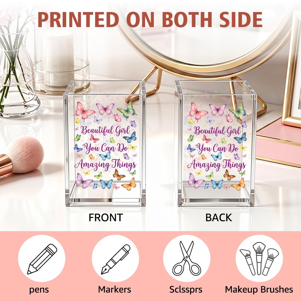 Xiahde Beautiful Girl You Can Do Amazing Things Acrylic Pencil Holder Cup, Inspirational Makeup Brush Organizer Gifts, Butterfly Encourage Gifts for Women Sister Daughter, Bathroom Vanity Organizer